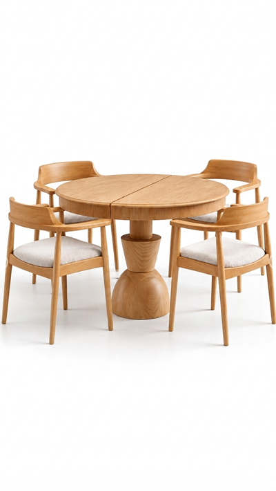 Alberohome Meşe Rengi Yuvarlak Ahşap Yemek Masası Takımı – 4 Kişilik