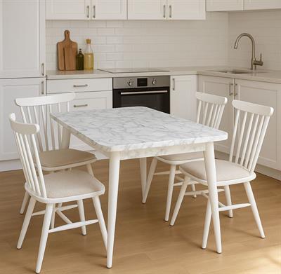 Albina Beyaz Mermer Renk Ahşap Kaşıklıklı Masa Takımı 80x130 Cm - 4 Adet Sandalye Şık Tasarım