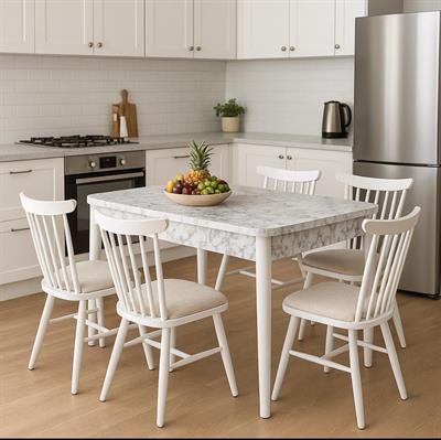 Albina Beyaz Mermer Renk Ahşap Kaşıklıklı Masa Takımı 80x130 Cm - 4 Adet Sandalye Şık Tasarım
