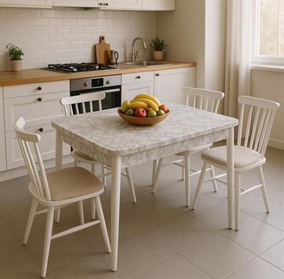 Albina Beyaz Mermer Renk Ahşap Kaşıklıklı Masa Takımı 80x130 Cm - 4 Adet Sandalye Şık Tasarım