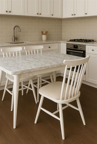 Albina Beyaz Mermer Renk Ahşap Kaşıklıklı Masa Takımı 80x130 Cm - 4 Adet Sandalye Şık Tasarım