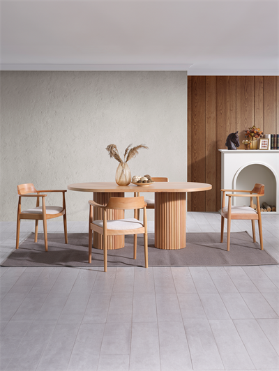 Alfa Naturel Renk Oval Ahşap Masa Takımı 170x90 Cm - 4 Naturel Renk Kolçaklı Sandalye Bohem & İskandinav Şık Tasarım