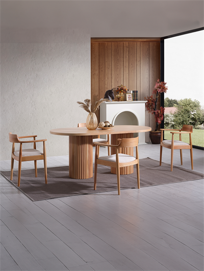 Alfa Naturel Renk Oval Ahşap Masa Takımı 170x90 Cm - 4 Naturel Renk Kolçaklı Sandalye Bohem & İskandinav Şık Tasarım