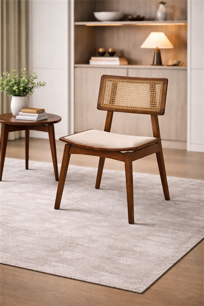 Anemone Doğal Ahşap Döşemeli Ceviz Hasırlı  Sandalye El İşçiliği Modern İskandinav Tasarım