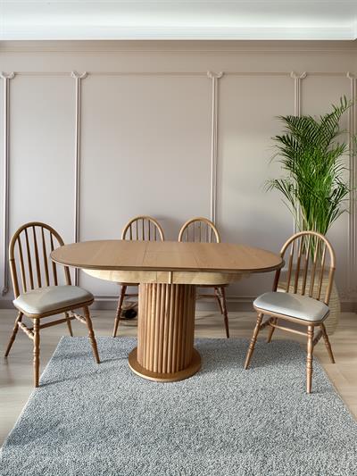 Antes Ahşap Naturel Renk Oval Açılır Masa Takımı 120x80 - 4 Adet Sandalye Bohem & İskandinav Şık Tasarım