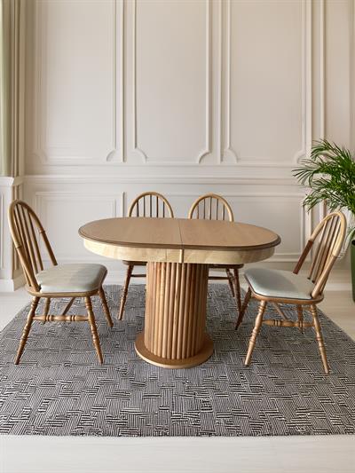 Antes Ahşap Naturel Renk Oval Açılır Masa Takımı 120x80 - 4 Adet Sandalye Bohem & İskandinav Şık Tasarım