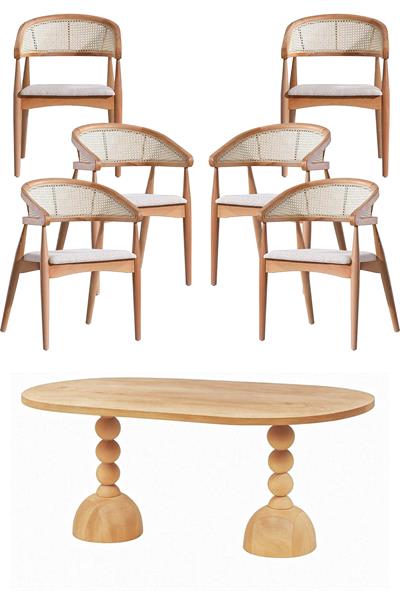 Arbol Ahşap Naturel Oval Masa Takımı 160x90 Cm - 6 Adet Doğal Hazerenlı Sandalye Rustik Şık Tasarım