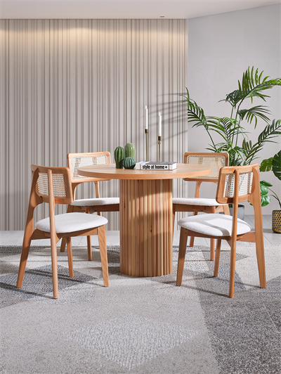 Melodi Naturel Renk Ahşap Yuvarlak Masa Takımı 100x100 cm - 4 Naturel Hazeranlı Sandalye Bohem & İskandinav Şık Tasarım