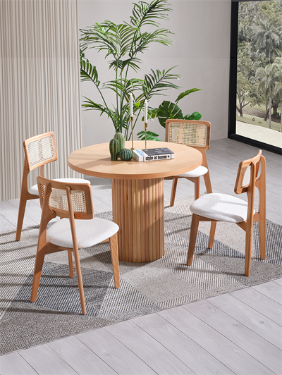 Melodi Naturel Renk Ahşap Yuvarlak Masa Takımı 120x120 cm - 4 Naturel Hazeranlı Sandalye Bohem & İskandinav Şık Tasarım