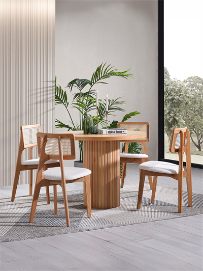 Melodi Naturel Renk Ahşap Yuvarlak Masa Takımı 120x120 cm - 4 Naturel Hazeranlı Sandalye Bohem & İskandinav Şık Tasarım