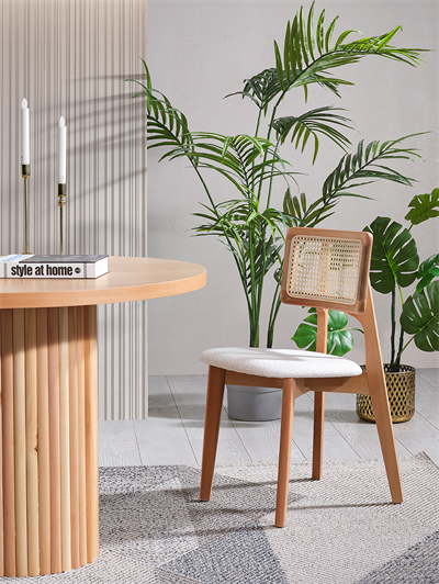 Melodi Naturel Renk Ahşap Yuvarlak Masa Takımı 120x120 cm - 4 Naturel Hazeranlı Sandalye Bohem & İskandinav Şık Tasarım