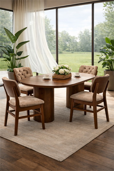 Arvento Oval Ahşap Yemek Masası Takımı – 4 Sandalyeli Modern Yemek Odası Seti – 180 × 90 cm