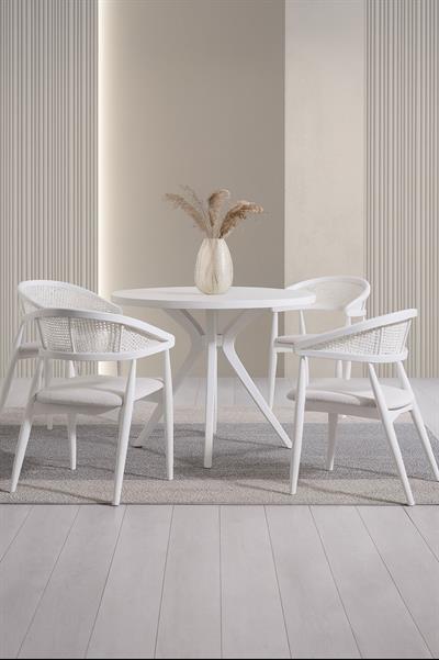 Asos Doğal Ahşap Beyaz Renk Masa Takımı 100x100 Cm - 4 Adet Beyaz Hazeranlı Sandalye Bohem & İskandinav Şık Tasarım  