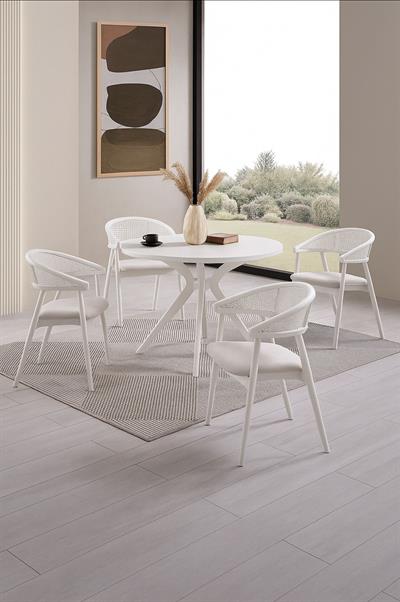 Asos Doğal Ahşap Beyaz Renk Masa Takımı 100x100 Cm - 4 Adet Beyaz Hazeranlı Sandalye Bohem & İskandinav Şık Tasarım  
