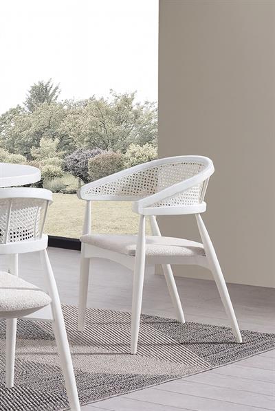 Asos Doğal Ahşap Beyaz Renk Masa Takımı 100x100 Cm - 4 Adet Beyaz Hazeranlı Sandalye Bohem & İskandinav Şık Tasarım  