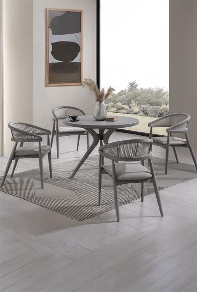 Asos Doğal Ahşap Masa Takımı Gri Renk 100x100 Cm - 4 Adet Sandalye Bohem & İskandinav Şık Tasarım