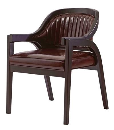 Athos Doğal Ahşap Kahverengi Deri Döşemeli Kollu Sandalye - Detaylı El İşçiliği