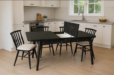 Atlantis Siyah Mermer Renk Ahşap Kaşıklıklı Masa Takımı 80x130 Cm - 4 Adet Sandalye Şık Tasarım