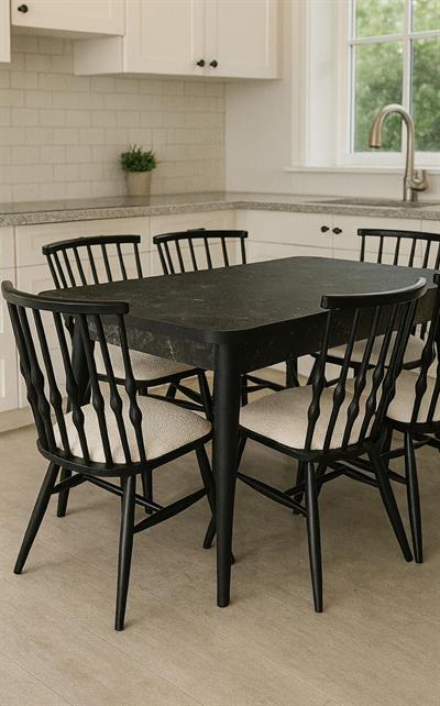 Atlantis Siyah Mermer Renk Ahşap Kaşıklıklı Masa Takımı 80x130 Cm - 4 Adet Sandalye Şık Tasarım