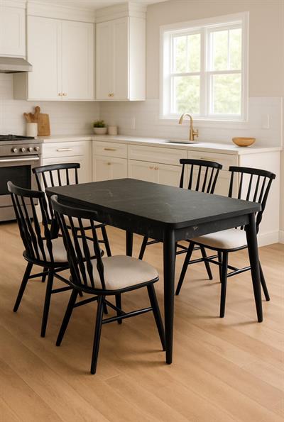 Atlantis Siyah Mermer Renk Ahşap Kaşıklıklı Masa Takımı 80x130 Cm - 4 Adet Sandalye Şık Tasarım