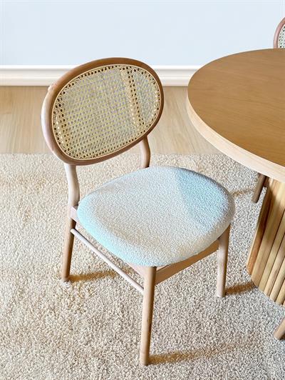  Aura Naturel Renk Yuvarlak Ahşap Masa Takımı 100x100 Cm - 4 Naturel Renk Hazeranlı Oval Sırtlı Sandalye Bohem & İskandinav Şık Tasarım