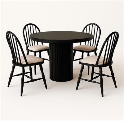 Azade Doğal Ahşap Siyah Renk Masa Takımı 100x100 Cm - 4 Adet Sandalye Bohem & İskandinav Şık Tasarım