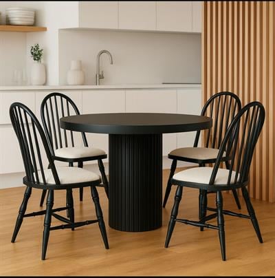 Azade Doğal Ahşap Siyah Renk Masa Takımı 100x100 Cm - 4 Adet Sandalye Bohem & İskandinav Şık Tasarım