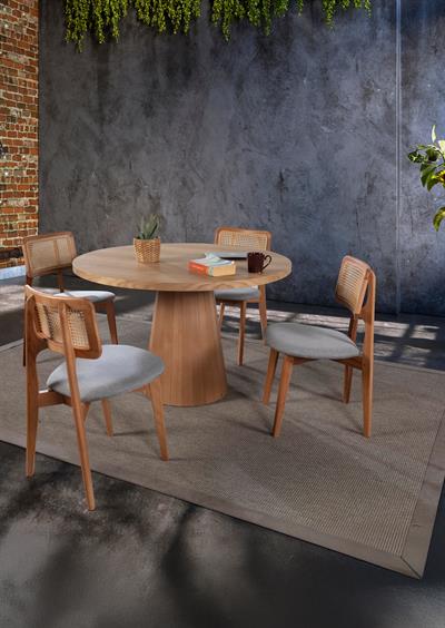 Bade Doğal Ahşap Yuvarlak Masa Takımı 100x100 cm - 4 Doğal Ahşap Naturel Hazeranlı Sandalye Modern Şık Tasarım