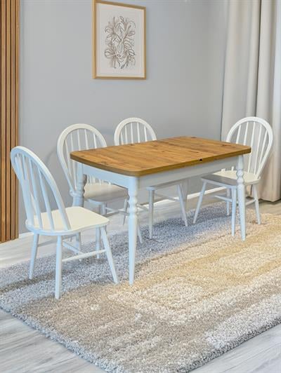 Begonvil Çizilmez Naturel Meşe Tabla Beyaz Ayak Dikdörtgen Açılır Masa Takımı 70x127 cm - 4 Ad Beyaz Sandalyeli Şık Tasarım