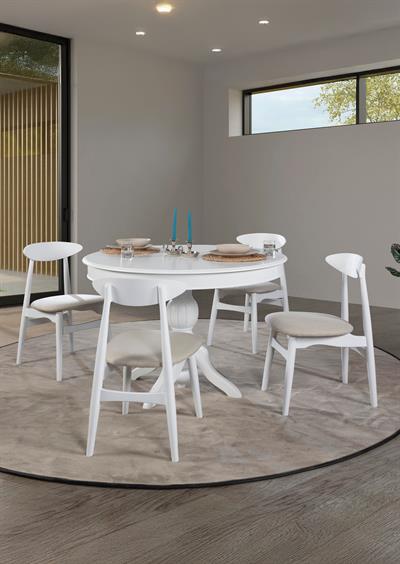 Begonya Beyaz Renk Ahşap Yuvarlak Açılır Masa Takımı 118x118 cm - 4 Beyaz Renk Sandalye Bohem & İskandinav Şık Tasarım