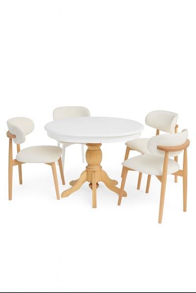 Bohem Beyaz Naturel Ayklı Yuvarlak Açılır Masa Takımı 100x100 Cm - 4 Sandalyeli Bohem Şık Tasarım