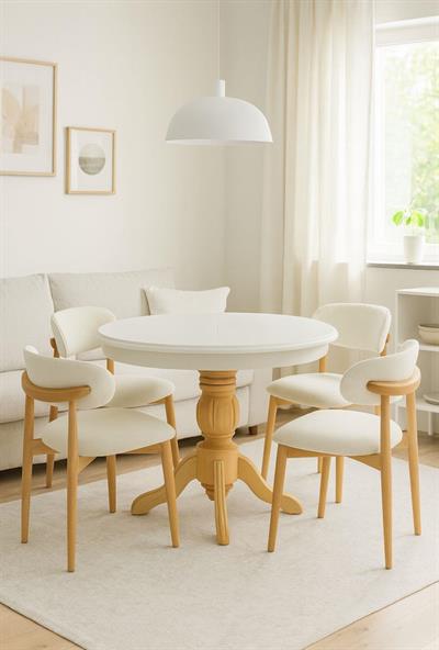 Beyaz Naturel Ayaklı Bohem Yuvarlak Açılır Masa Takımı 110x110 Cm - 4 Sandalyeli Bohem Şık Tasarım