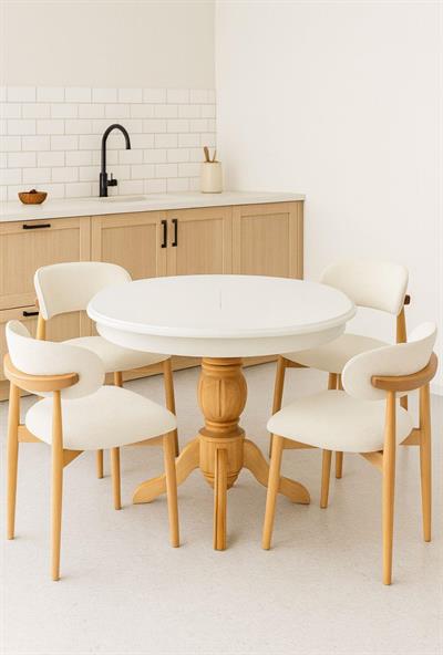 Bohem Beyaz Naturel Ayaklı Yuvarlak Açılır Masa Takımı 120x120 cm 4 Sandalyeli Bohem Tasarım 