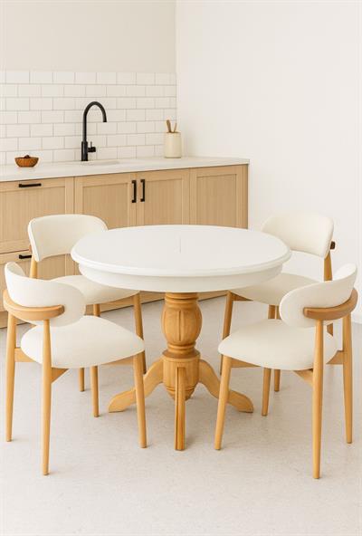 Bohem Beyaz Naturel Ayklı Yuvarlak Açılır Masa Takımı 100x100 Cm - 4 Sandalyeli Bohem Şık Tasarım