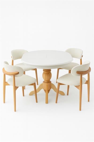 Bohem Beyaz Naturel Ayaklı Yuvarlak Açılır Masa Takımı 120x120 cm 4 Sandalyeli Bohem Tasarım 