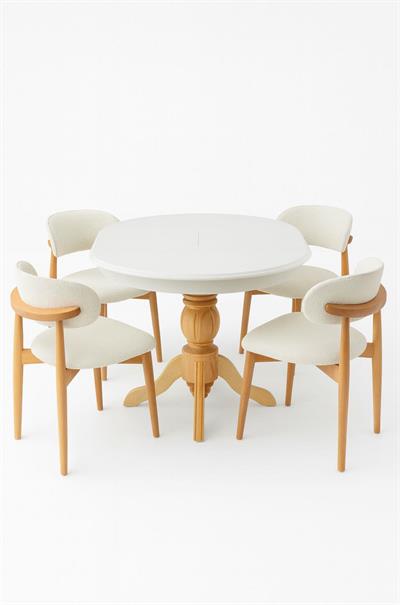 Beyaz Naturel Ayaklı Bohem Yuvarlak Açılır Masa Takımı 110x110 Cm - 4 Sandalyeli Bohem Şık Tasarım