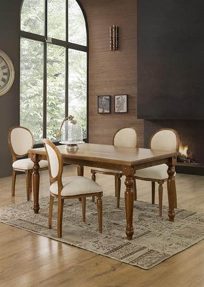 Brinda Doğal Ceviz Renkli Ahşap Dikdörtgen Masa Takımı 150x90 cm - 4 Doğal Ahşap Sandalye Modern Şık Tasarım