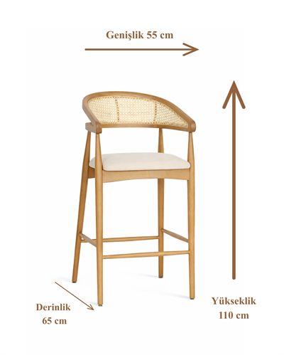 Buxus Doğal Ahşap Döşemeli Naturel Kollu Hasırlı Bar Sandalye El İşçiliği  Bohem İskandinav Tasarım