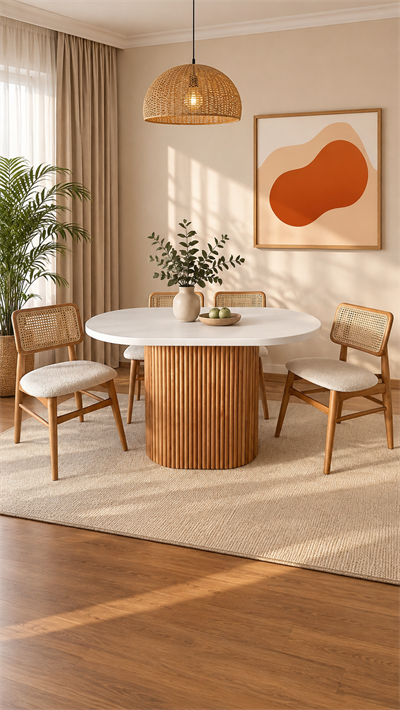 Camelia Beyaz Tabla Naturel Renk Ayaklı Oval Ahşap Masa Takımı 80x130 cm - 4 Adet Naturel Renk Hazeranlı Sandalye Bohem & İskandinav Şık Tasarım