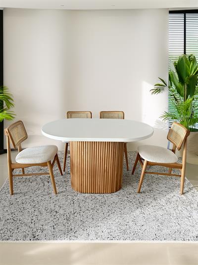 Camelia Beyaz Tabla Naturel Renk Ayaklı Oval Ahşap Masa Takımı 80x130 cm - 4 Adet Naturel Renk Hazeranlı Sandalye Bohem & İskandinav Şık Tasarım