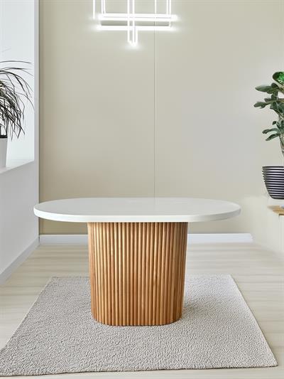 Camelia Beyaz Tabla Naturel Renk Ayaklı Oval Ahşap Masa Takımı 80x130 cm - 4 Adet Naturel Renk Hazeranlı Sandalye Bohem & İskandinav Şık Tasarım