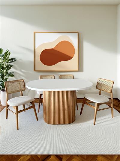 Camelia Beyaz Tabla Naturel Renk Ayaklı Oval Ahşap Masa Takımı 80x130 cm - 4 Adet Naturel Renk Hazeranlı Sandalye Bohem & İskandinav Şık Tasarım