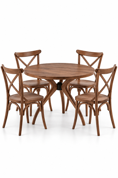 Ceviz Ahşap Yuvarlak Yemek Masası Takımı – 4 Sandalyeli | Alberohome