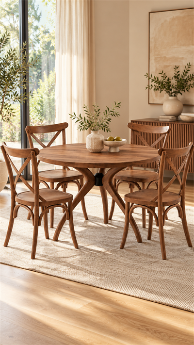 Ceviz Ahşap Yuvarlak Yemek Masası Takımı – 4 Sandalyeli | Alberohome
