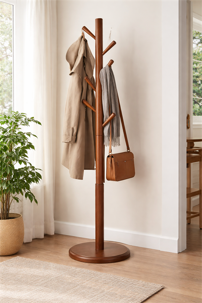 Dik Gövdeli Ahşap Askılık – Ağaç Formlu Modern Portmanto – 178 cm