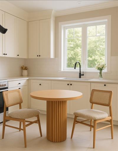 Dora Doğal Ahşap Naturel Renk Masa Takımı 100x100 Cm - 2 Adet Doğal Hazeranlı Sandalye Bohem & İskandinav Şık Tasarım