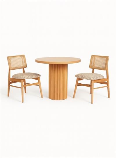 Dora Doğal Ahşap Naturel Renk Masa Takımı 100x100 Cm - 2 Adet Doğal Hazeranlı Sandalye Bohem & İskandinav Şık Tasarım