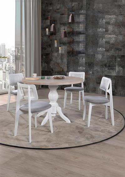 Elegant Doğal Ahşap Beyaz Ayak Yuvarlak Masa Takımı 100x100 cm - 4 Doğal Ahşap Beyaz Hazaranlı Sandalye Modern Şık Tasarım
