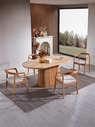 Elizya Naturel Renk Oval Ahşap Masa Takımı 170x90 Cm - 4 Naturel Renk Kolçaklı Sandalye Bohem & İskandinav Şık Tasarım