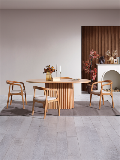 Elizya Naturel Renk Oval Ahşap Masa Takımı 170x90 Cm - 4 Naturel Renk Kolçaklı Sandalye Bohem & İskandinav Şık Tasarım